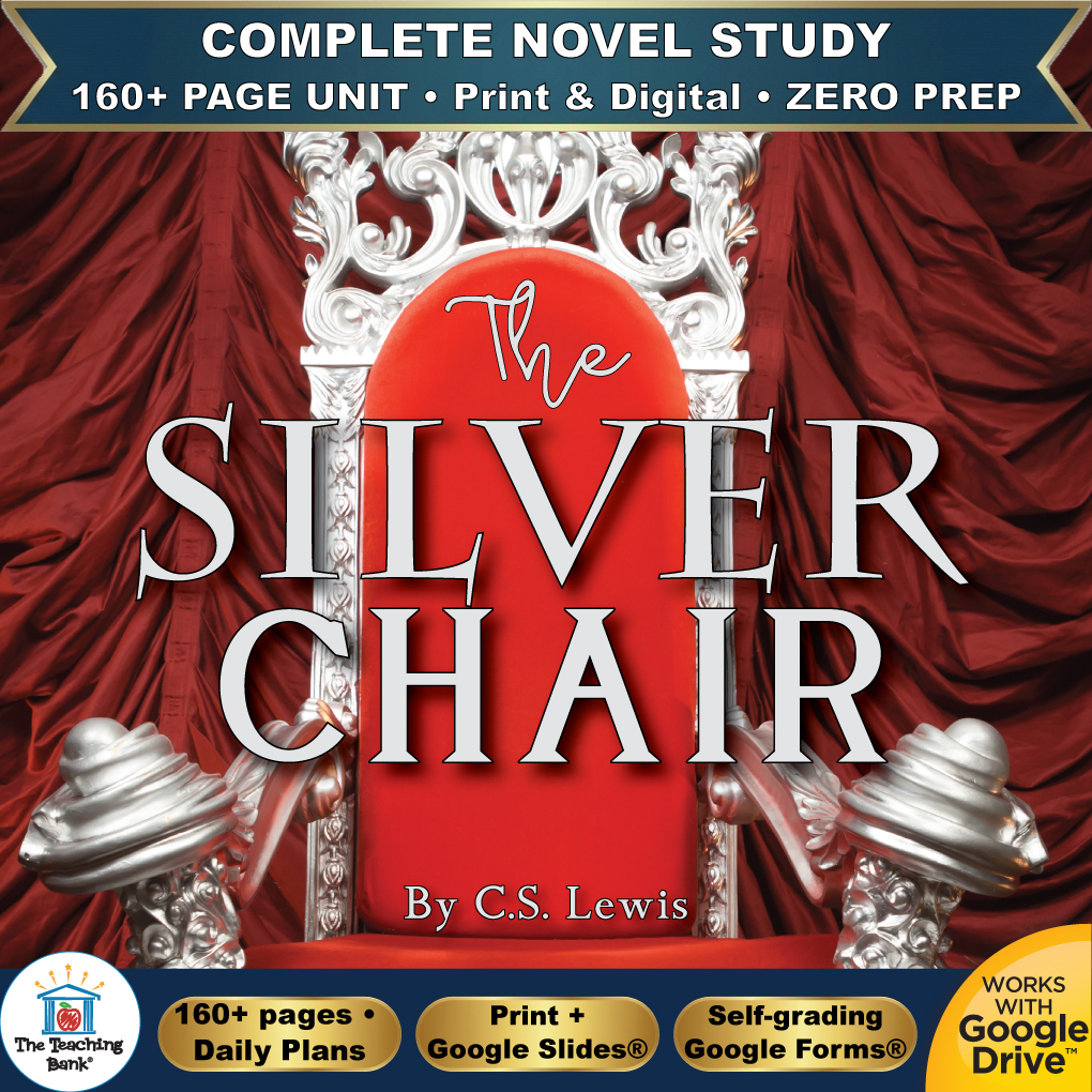 Product cover graphic reading The SILVER CHAIR By C.S. Lewis, featuring an ornate silver throne with red velvet cushions against draped red velvet, with badges for 160+ page unit, print and digital, zero prep, and Works with Google Drive.