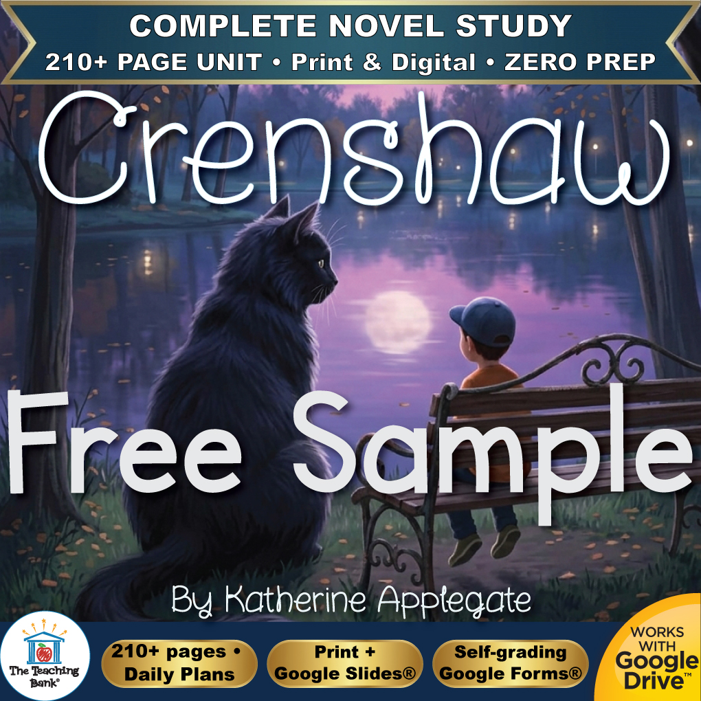 Product cover graphic reading Crenshaw Free Sample By Katherine Applegate, featuring a large black cat sitting on a park bench next to a young boy under a moonlit night sky, with badges for 210+ page unit, print and digital, zero prep, and Works with Google Drive.