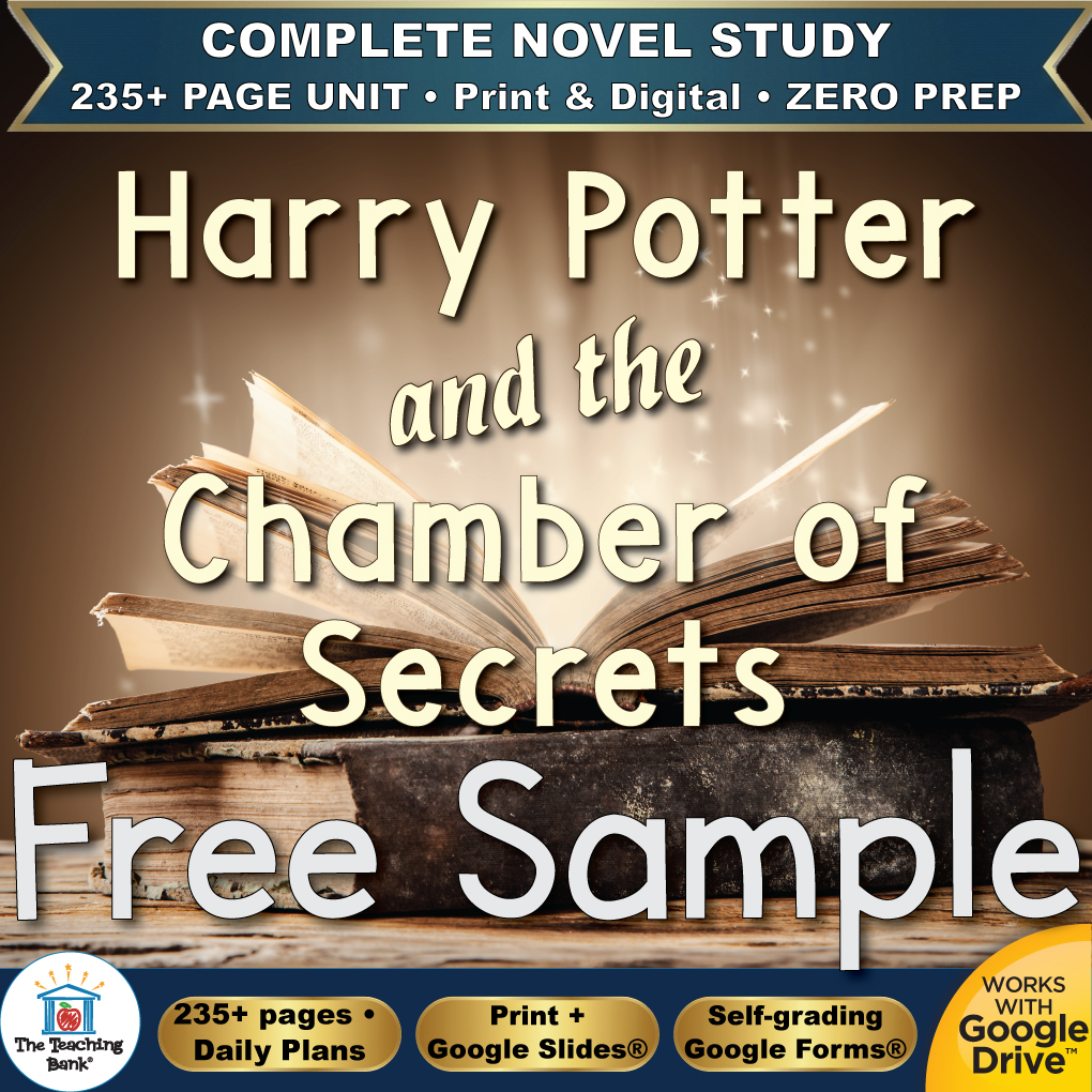 Product cover graphic reading Harry Potter and the Chamber of Secrets Free Sample, featuring open vintage books emitting glowing sparkles, with badges for 235+ page unit, print and digital, zero prep, and Works with Google Drive.