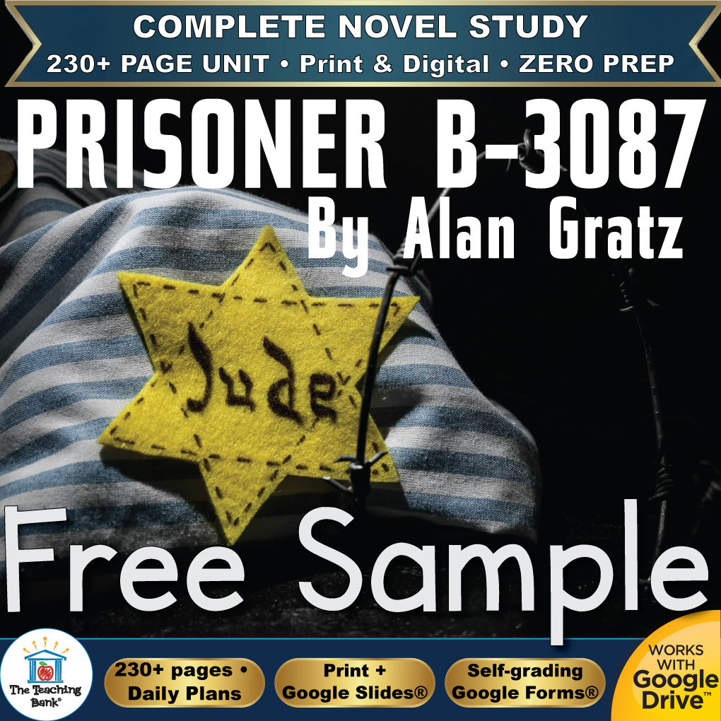 Product cover graphic reading PRISONER B-3087 By Alan Gratz Free Sample, featuring a yellow Star of David badge labeled "Jude" on a blue-and-white striped cloth behind barbed wire, with badges for 230+ page unit, print and digital, zero prep, and Works with Google Drive.