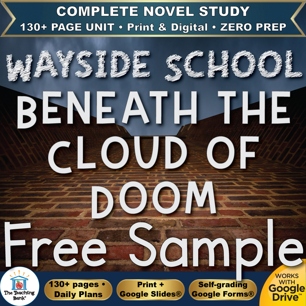 Product cover graphic reading WAYSIDE SCHOOL BENEATH THE CLOUD OF DOOM Free Sample, featuring a red brick wall surface in perspective, with badges for 130+ page unit, print and digital, zero prep, and Works with Google Drive.
