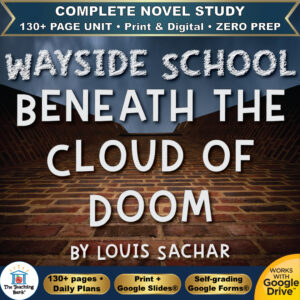 Product cover graphic reading WAYSIDE SCHOOL BENEATH THE CLOUD OF DOOM BY LOUIS SACHAR, featuring a brick wall looking upward toward a stormy sky, with badges for 130+ page unit, print and digital, zero prep, and Works with Google Drive.