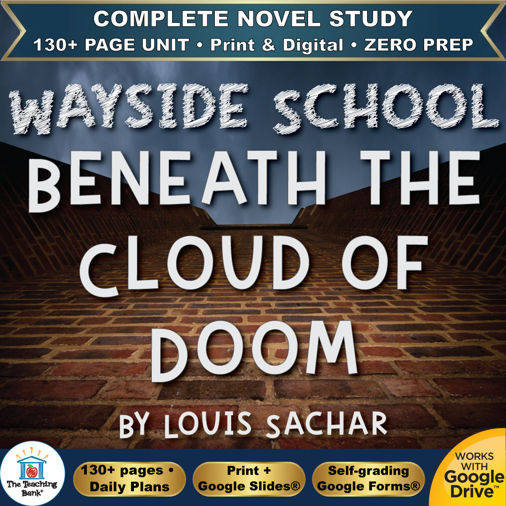 Product cover graphic reading WAYSIDE SCHOOL BENEATH THE CLOUD OF DOOM BY LOUIS SACHAR, featuring a brick wall looking upward toward a stormy sky, with badges for 130+ page unit, print and digital, zero prep, and Works with Google Drive.