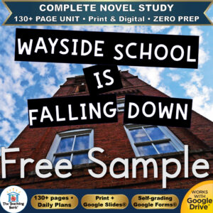 Product cover graphic reading WAYSIDE SCHOOL IS FALLING DOWN Free Sample, featuring a low-angle upward perspective of a tall red brick building against a blue sky with clouds, with badges for 130+ page unit, print and digital, zero prep, and Works with Google Drive.