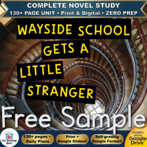 Product cover graphic reading WAYSIDE SCHOOL GETS A LITTLE STRANGER Free Sample, featuring a view looking straight down a winding spiral staircase, with badges for 130+ page unit, print and digital, zero prep, and Works with Google Drive.