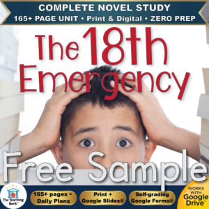 Product cover graphic reading The 18th Emergency Free Sample, featuring a wide-eyed boy holding his head in stress between two stacks of books, with badges for 165+ page unit, print and digital, zero prep, and Works with Google Drive.