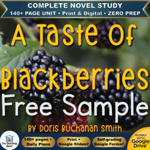 Product cover graphic reading A Taste of Blackberries Free Sample BY DORIS BUCHANAN SMITH, featuring a close-up image of ripe, glossy blackberries on a vine, with badges for 140+ page unit, print and digital, zero prep, and Works with Google Drive.