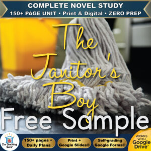 Product cover graphic reading The Janitor's Boy Free Sample, featuring a mop head coiled on the floor with a yellow cleaning bucket in the background, with badges for 150+ page unit, print and digital, zero prep, and Works with Google Drive.