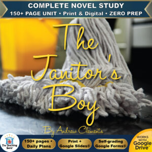 Product cover graphic reading The Janitor's Boy By Andrew Clements, featuring a mop head coiled on the floor with a yellow cleaning bucket in the background, with badges for 150+ page unit, print and digital, zero prep, and Works with Google Drive.