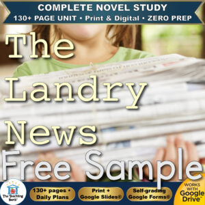 Product cover graphic reading The Landry News Free Sample, featuring a girl holding a stack of newspapers tied with string, with badges for 130+ page unit, print and digital, zero prep, and Works with Google Drive.