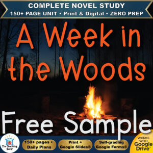 Product cover graphic reading A Week in the Woods Free Sample, featuring a glowing campfire in a dark forest at dusk, with badges for 150+ page unit, print and digital, zero prep, and Works with Google Drive.