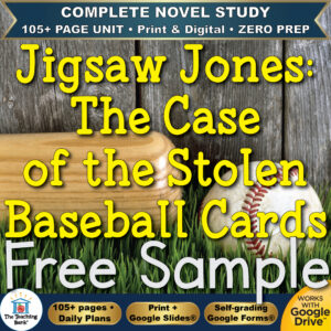 Product cover graphic reading Jigsaw Jones: The Case of the Stolen Baseball Cards Free Sample, featuring a wooden baseball bat and baseball resting in grass, with badges for 105+ page unit, print and digital, zero prep, and Works with Google Drive.