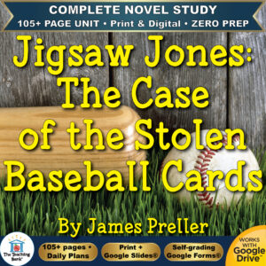 Product cover graphic reading Jigsaw Jones: The Case of the Stolen Baseball Cards By James Preller, featuring a wooden baseball bat and baseball resting in grass, with badges for 105+ page unit, print and digital, zero prep, and Works with Google Drive.
