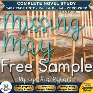 Product cover graphic reading Missing May Free Sample By Cynthia Rylant, featuring a wooden rocking chair on a porch, with badges for 140+ page unit, print and digital, zero prep, and Works with Google Drive.
