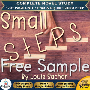 Product cover graphic reading Small Steps Free Sample By Louis Sachar, featuring fingers walking up wooden block steps on a wooden surface, with badges for 170+ page unit, print and digital, zero prep, and Works with Google Drive.