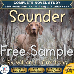 Product cover graphic reading Sounder Free Sample By William H. Armstrong, featuring a reddish-brown hound standing in a tall grassy field, with badges for 135+ page unit, print and digital, zero prep, and Works with Google Drive.