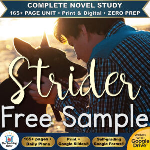 Product cover graphic reading Strider Free Sample, featuring a young man embracing a dark dog in warm sunlight, with badges for 165+ page unit, print and digital, zero prep, and Works with Google Drive.
