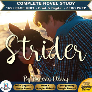 Product cover graphic reading Strider By Beverly Cleary, featuring a young man embracing a dark dog in warm sunlight, with badges for 165+ page unit, print and digital, zero prep, and Works with Google Drive.