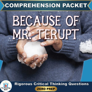 Cover image for Because of Mr. Terupt Comprehension Packet by The Teaching Bank, featuring a person wearing a blue sweater holding a packed snowball in their hands, with text reading "Rigorous Critical Thinking Questions" and "ZERO PREP".