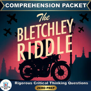 Cover image for The Bletchley Riddle Comprehension Packet by The Teaching Bank, featuring a silhouette of a person riding a motorcycle against a twilight city skyline with airplanes flying overhead, with text reading "Rigorous Critical Thinking Questions" and "ZERO PREP".