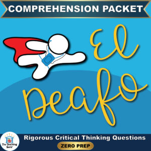 Cover image for El Deafo Comprehension Packet by The Teaching Bank, featuring a superhero figure wearing a red cape and a blue chest harness flying against a bright blue background, with text reading "Rigorous Critical Thinking Questions" and "ZERO PREP".